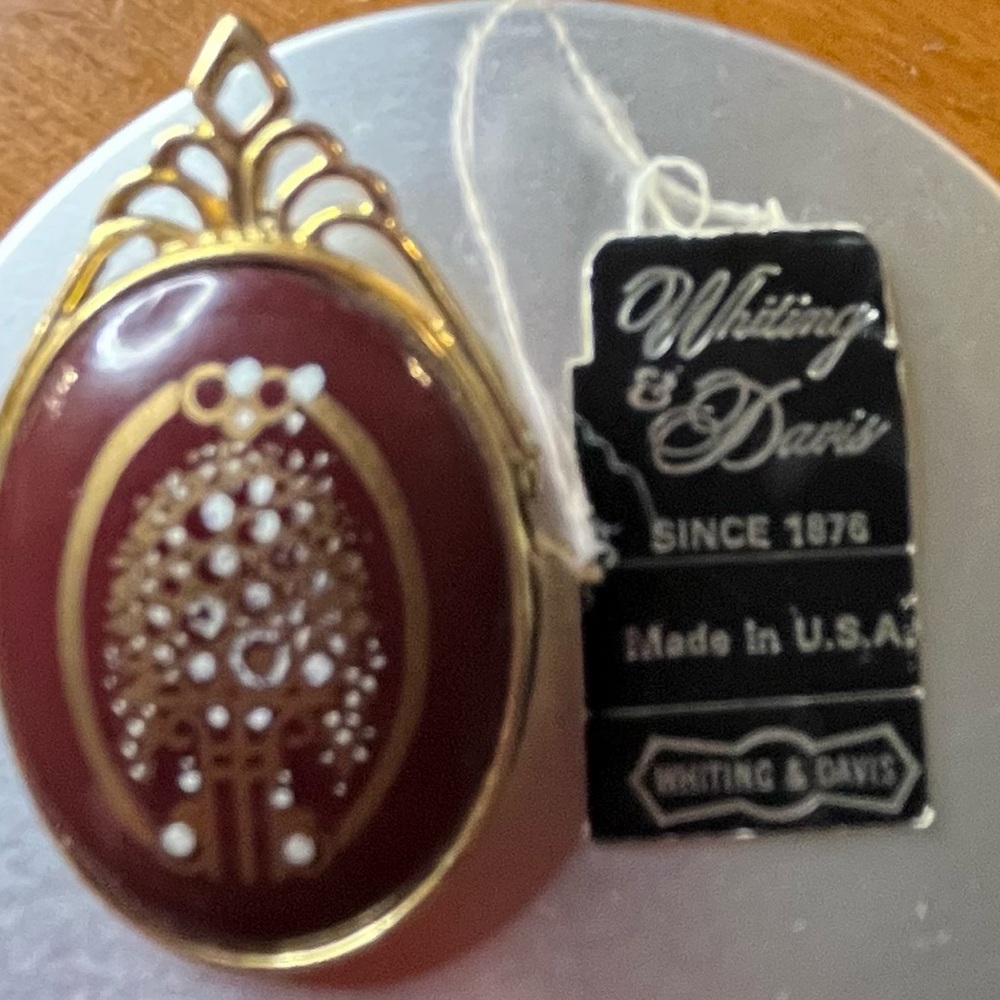Vintage Whiting & Davis Gold and Maroon Brooch with Tags